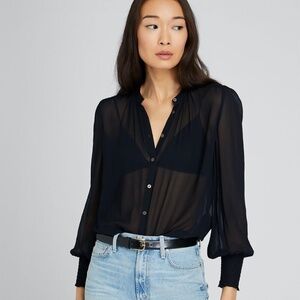 New! CLUB MONACO Smocked Yoke Sheer Blouse, Classic Black, Size Large